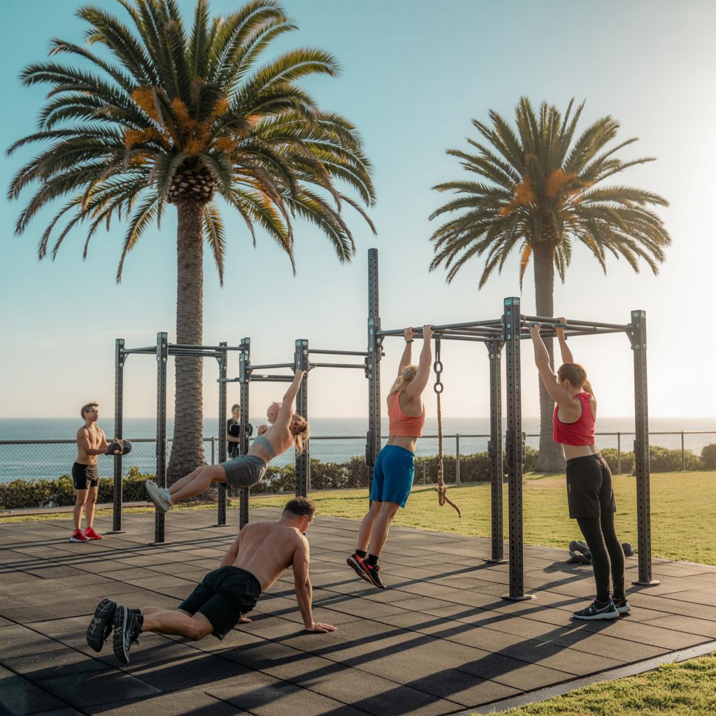 Small group participating in an outdoor bodyweight fitness workshop at a city park